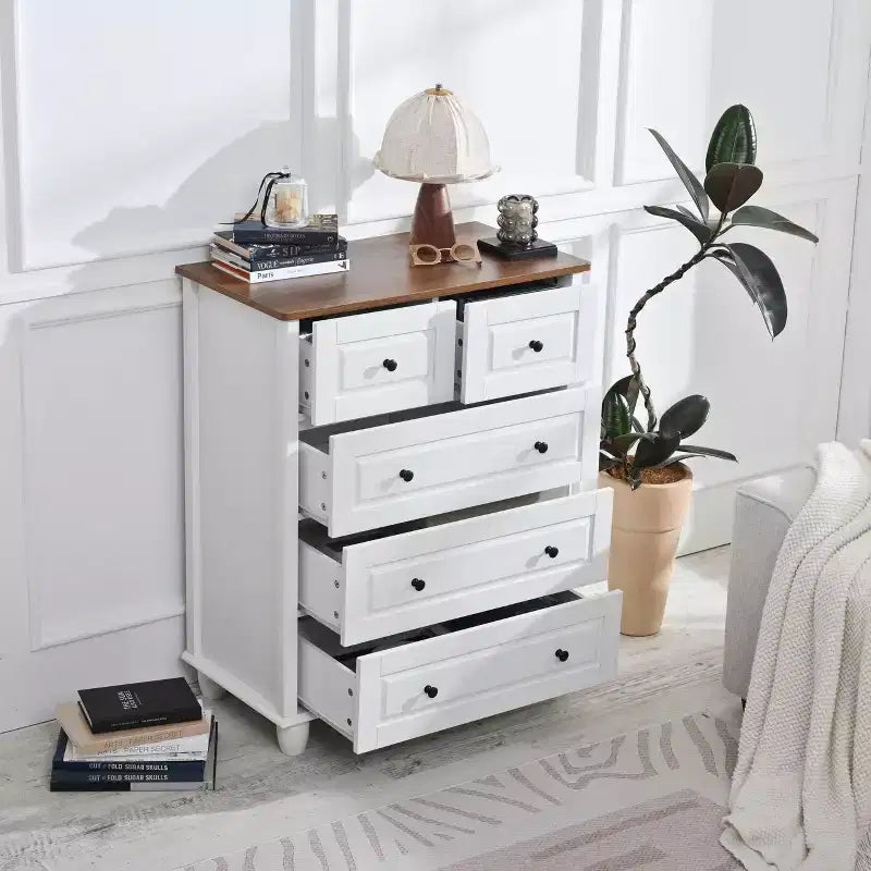 Meuble de Rangement Armoire Haute 5 Tiroirs pour Salon Couloir Blanc