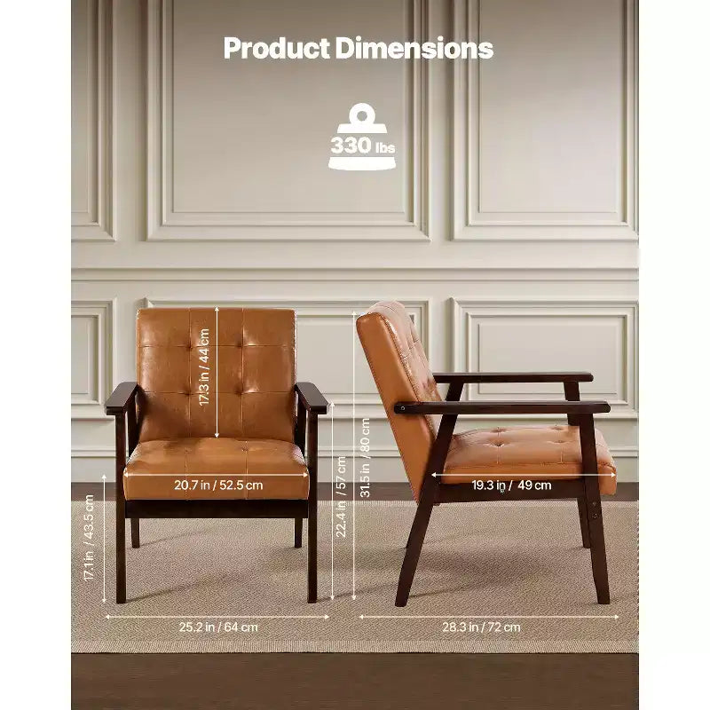 Fauteuil d'appoint, Fauteuil moderne du milieu du siècle avec cadre en bois massif et pieds antidérapants, Fauteuil de loisirs rembourré en cuir PU, Marron