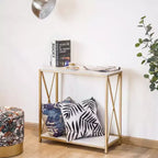 Table de console en bois et fer à 2 niveaux avec cadre en X, 78,2 x 35,1 x 76,2 cm, panneau blanc, cadre doré, pour entrée ou couloir