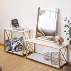 Table de console en bois et fer à 2 niveaux avec cadre en X, 78,2 x 35,1 x 76,2 cm, panneau blanc, cadre doré, pour entrée ou couloir