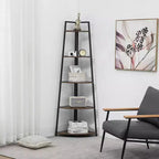 Étagère d'angle à 5 niveaux, rangement compact avec bords arrondis, structure métallique pour salon, chambre, cuisine, balcon, montage facile