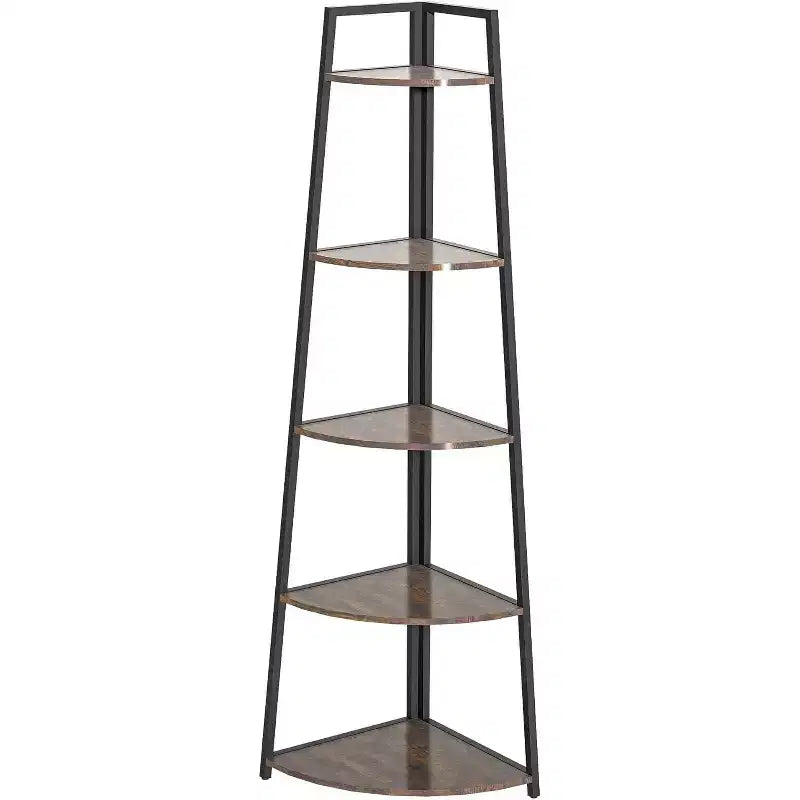 Étagère d'angle à 5 niveaux, rangement compact avec bords arrondis, structure métallique pour salon, chambre, cuisine, balcon, montage facile
