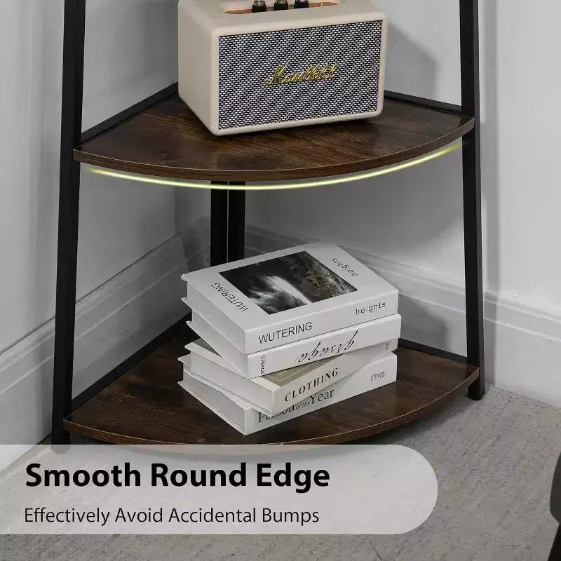 Étagère d'angle à 5 niveaux, rangement compact avec bords arrondis, structure métallique pour salon, chambre, cuisine, balcon, montage facile