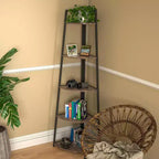 Étagère d'angle à 5 niveaux, rangement compact avec bords arrondis, structure métallique pour salon, chambre, cuisine, balcon, montage facile