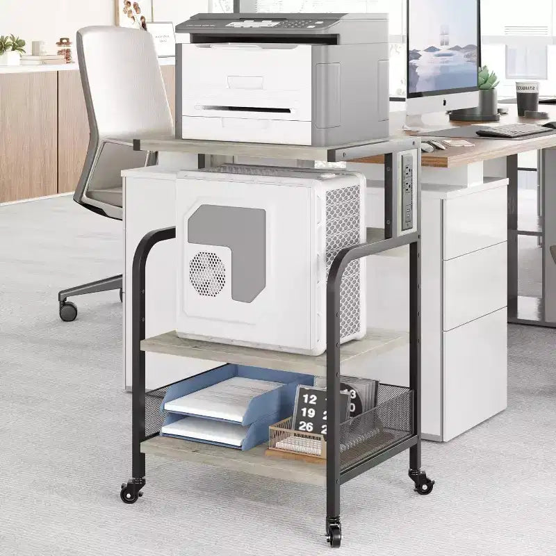 Grand support d'imprimante mobile avec prises de courant et ports USB, chariot roulant réglable à 3 niveaux avec roulettes pour bureau à domicile, noir rustique