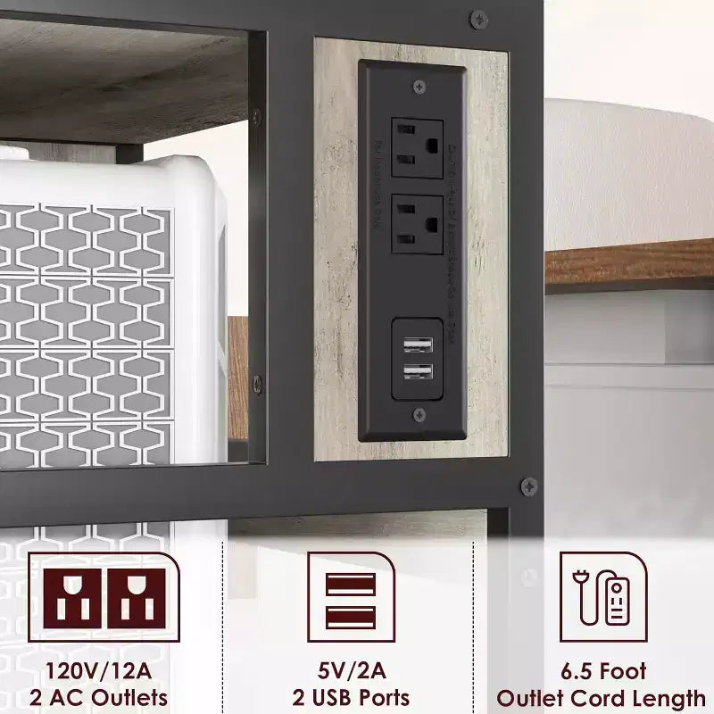 Grand support d'imprimante mobile avec prises de courant et ports USB, chariot roulant réglable à 3 niveaux avec roulettes pour bureau à domicile, noir rustique