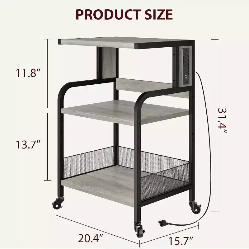 Grand support d'imprimante mobile avec prises de courant et ports USB, chariot roulant réglable à 3 niveaux avec roulettes pour bureau à domicile, noir rustique