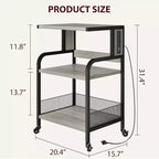 Grand support d'imprimante mobile avec prises de courant et ports USB, chariot roulant réglable à 3 niveaux avec roulettes pour bureau à domicile, noir rustique