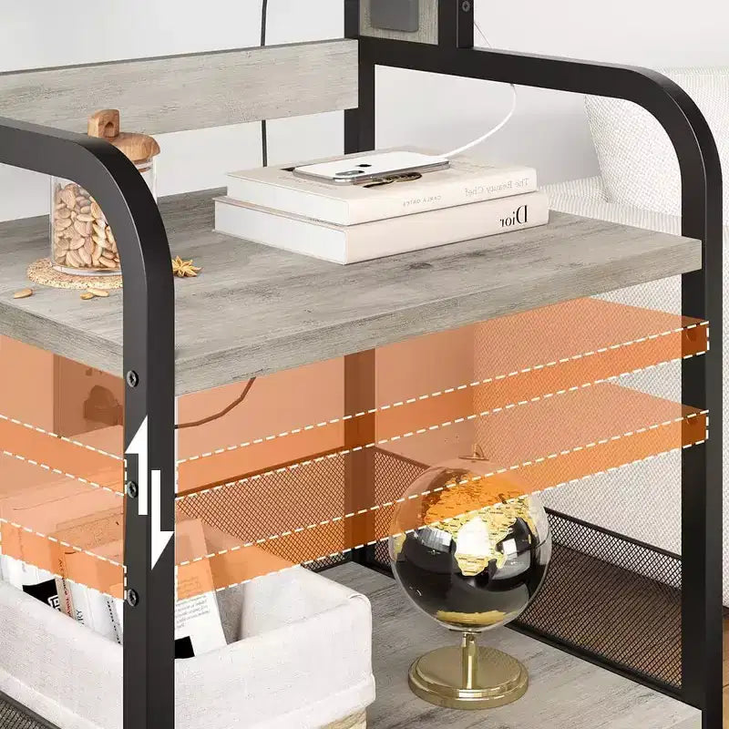 Grand support d'imprimante mobile avec prises de courant et ports USB, chariot roulant réglable à 3 niveaux avec roulettes pour bureau à domicile, noir rustique