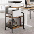 Grand support d'imprimante mobile avec prises de courant et ports USB, chariot roulant réglable à 3 niveaux avec roulettes pour bureau à domicile, noir rustique