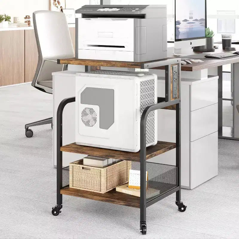 Grand support d'imprimante mobile avec prises de courant et ports USB, chariot roulant réglable à 3 niveaux avec roulettes pour bureau à domicile, noir rustique