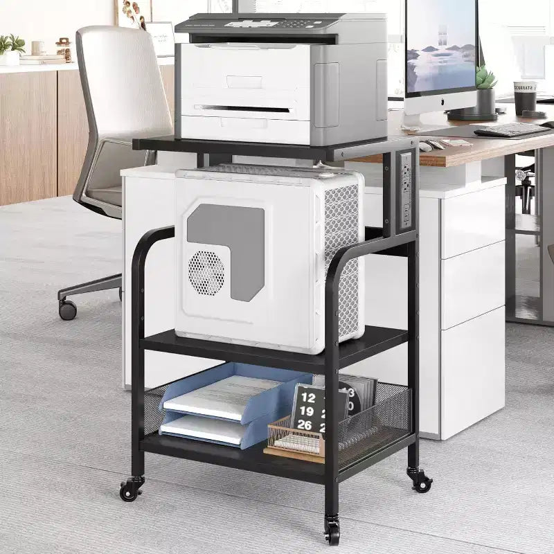 Grand support d'imprimante mobile avec prises de courant et ports USB, chariot roulant réglable à 3 niveaux avec roulettes pour bureau à domicile, noir rustique