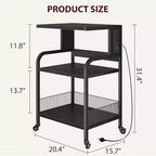 Grand support d'imprimante mobile avec prises de courant et ports USB, chariot roulant réglable à 3 niveaux avec roulettes pour bureau à domicile, noir rustique