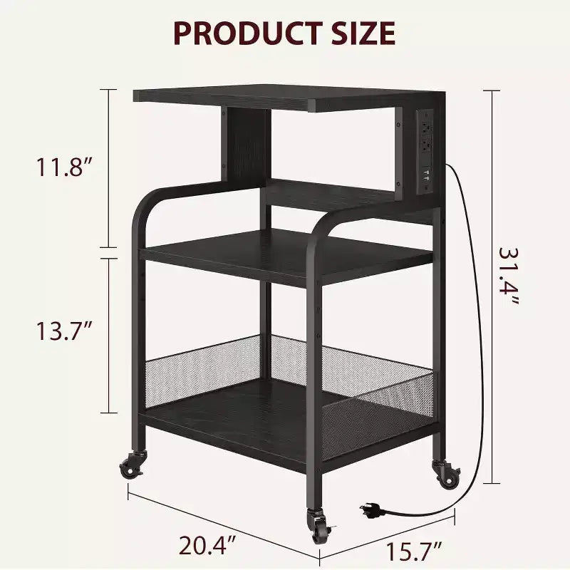 Grand support d'imprimante mobile avec prises de courant et ports USB, chariot roulant réglable à 3 niveaux avec roulettes pour bureau à domicile, noir rustique