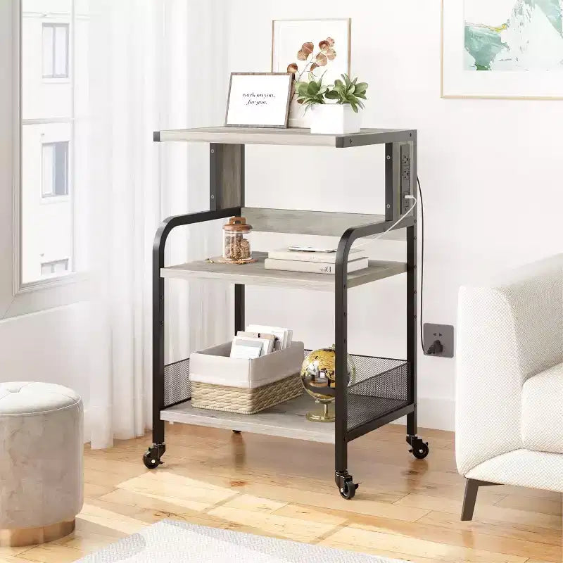 Grand support d'imprimante mobile avec prises de courant et ports USB, chariot roulant réglable à 3 niveaux avec roulettes pour bureau à domicile, noir rustique
