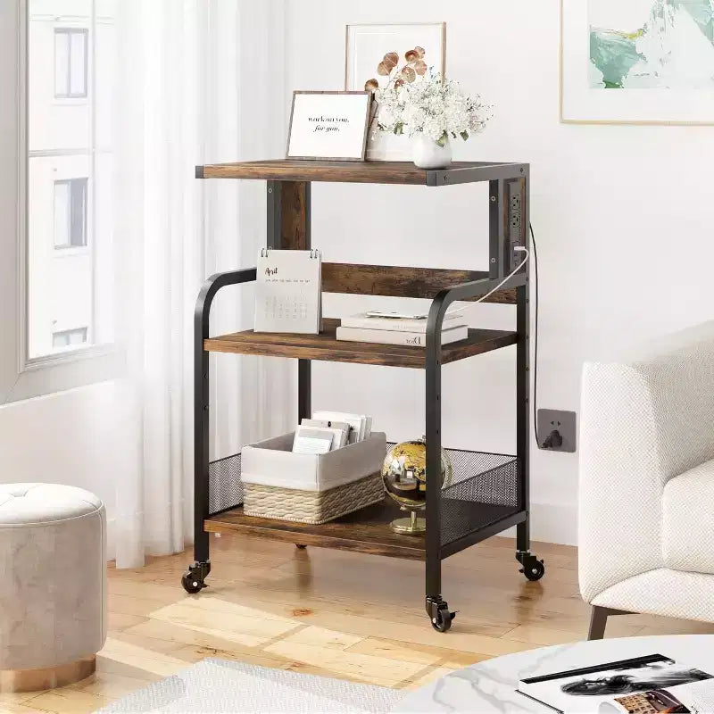Grand support d'imprimante mobile avec prises de courant et ports USB, chariot roulant réglable à 3 niveaux avec roulettes pour bureau à domicile, noir rustique