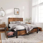 Queen Size Bed Frame with 4 Storage Drawers and Heavy Duty, Strong Metal Support Bed Frame with Wooden Headboard, No Box Spring Needed, Easy Assembly
