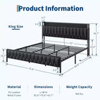 Cadre de lit King avec station de recharge, plateforme entièrement métallique avec tête et pied de lit, silencieux, pas besoin de sommier tapissier, assemblage facile, noir
