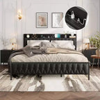 Cadre de lit King avec station de recharge, plateforme entièrement métallique avec tête et pied de lit, silencieux, pas besoin de sommier tapissier, assemblage facile, noir