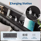 Cadre de lit King avec station de recharge, plateforme entièrement métallique avec tête et pied de lit, silencieux, pas besoin de sommier tapissier, assemblage facile, noir