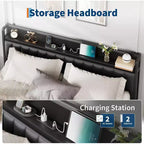 Cadre de lit King avec station de recharge, plateforme entièrement métallique avec tête et pied de lit, silencieux, pas besoin de sommier tapissier, assemblage facile, noir