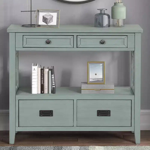 Console rustique de 36 pouces avec 4 tiroirs, buffet vert avec étagère de rangement, table de canapé pour entrée, couloir, design rustique
