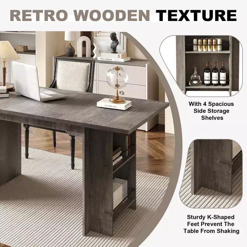 Table à manger de 160 cm avec 4 étagères de rangement, capacité de 4 à 6 personnes, table de cuisine en bois avec grand plateau pour le salon, montage facile