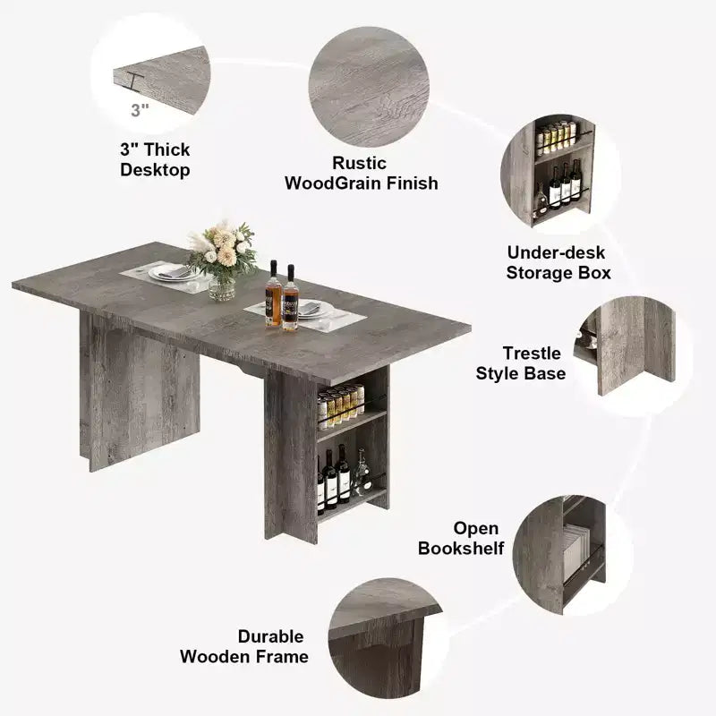 Table à manger de 160 cm avec 4 étagères de rangement, capacité de 4 à 6 personnes, table de cuisine en bois avec grand plateau pour le salon, montage facile