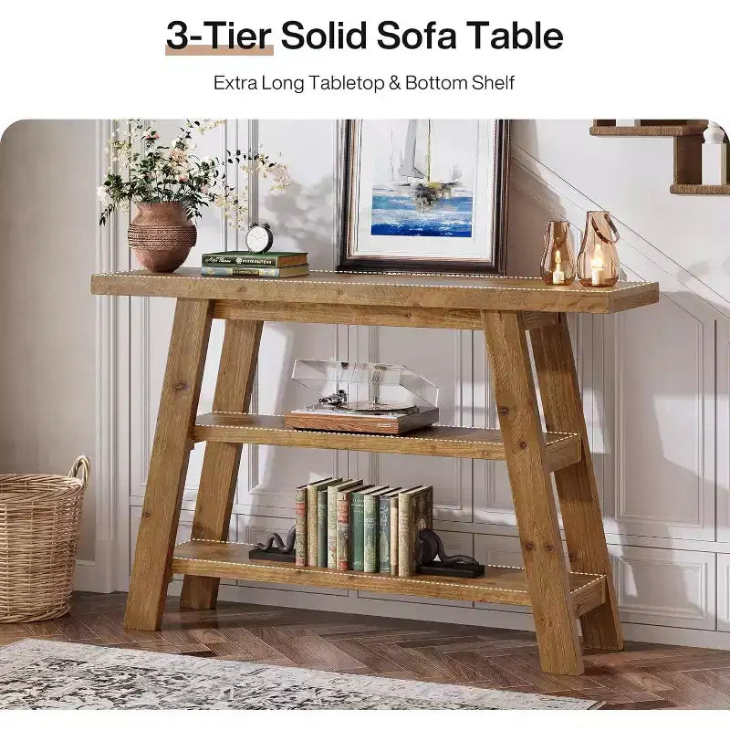 Console en bois massif de 120 cm, table d'entrée de style rustique à 3 niveaux avec étagères, table d'appoint étroite pour salon, couloir