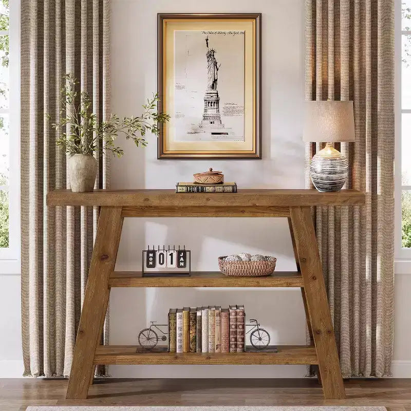 Console en bois massif de 120 cm, table d'entrée de style rustique à 3 niveaux avec étagères, table d'appoint étroite pour salon, couloir