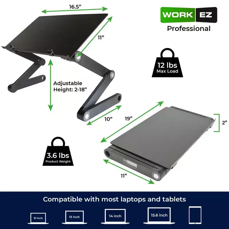 Support d'ordinateur portable professionnel réglable pour bureau, tablettes, noir, aluminium, hauteur et inclinaison réglables