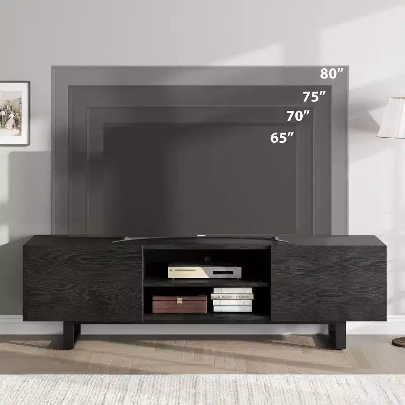 Meuble TV moderne pour téléviseurs jusqu'à 80 pouces, meuble console multimédia avec tiroirs de rangement et étagères ouvertes, pieds en métal, 178 cm