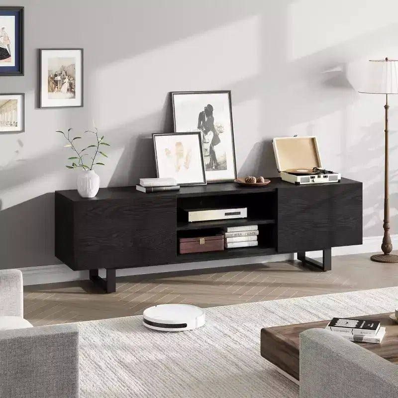 Meuble TV moderne pour téléviseurs jusqu'à 80 pouces, meuble console multimédia avec tiroirs de rangement et étagères ouvertes, pieds en métal, 178 cm