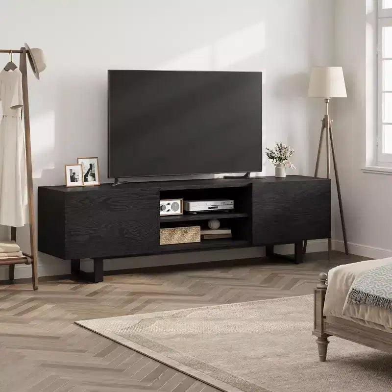 Meuble TV moderne pour téléviseurs jusqu'à 80 pouces, meuble console multimédia avec tiroirs de rangement et étagères ouvertes, pieds en métal, 178 cm
