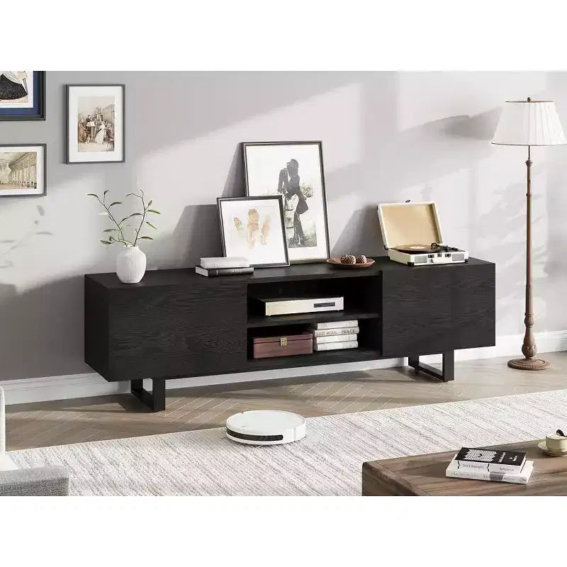 Meuble TV moderne pour téléviseurs jusqu'à 80 pouces, meuble console multimédia avec tiroirs de rangement et étagères ouvertes, pieds en métal, 178 cm