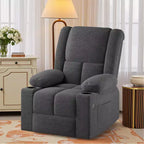 Fauteuil inclinable électrique gris avec massage, chaleur, ports USB et porte-gobelets, pour le confort des personnes âgées