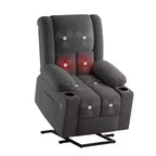 Fauteuil inclinable électrique gris avec massage, chaleur, ports USB et porte-gobelets, pour le confort des personnes âgées