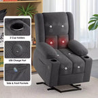 Fauteuil inclinable électrique gris avec massage, chaleur, ports USB et porte-gobelets, pour le confort des personnes âgées