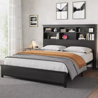 Bed Frame with Bookcase - 2-Tier High Headboard, Full Platform Bed with Charging Station, No Box Spring Needed, Easy Assemble, Black Mattress Frame