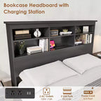 Cadre de lit avec bibliothèque - Tête de lit haute à 2 niveaux, Lit plateforme double avec station de charge, Aucun sommier tapissier requis, Facile à assembler, Cadre de matelas noir
