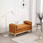 Banc rembourré de 53,5 po de large, pieds en bois et traversins, tissu bouclette, pour chambre à coucher, salon, entrée
