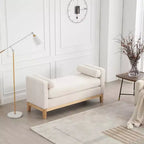Banc rembourré de 53,5 po de large, pieds en bois et traversins, tissu bouclette, pour chambre à coucher, salon, entrée