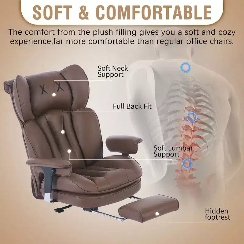 Fauteuil de bureau ergonomique grande taille, chaise d'ordinateur en cuir PU à dossier haut, fauteuil de direction à siège large avec repose-pieds et support lombaire