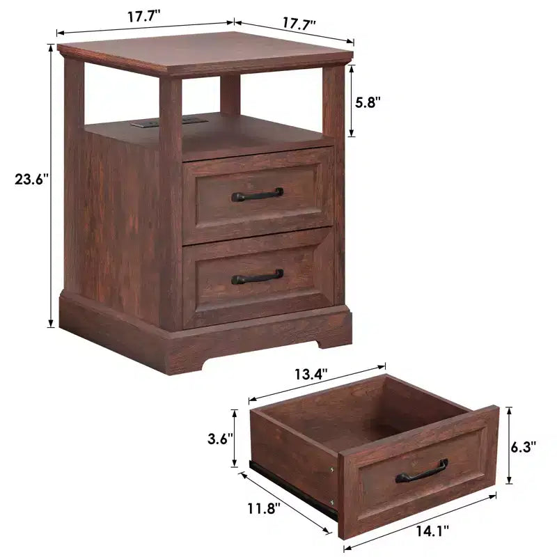 Table de chevet rustique moderne avec station de charge, 2 tiroirs et étagère ouverte