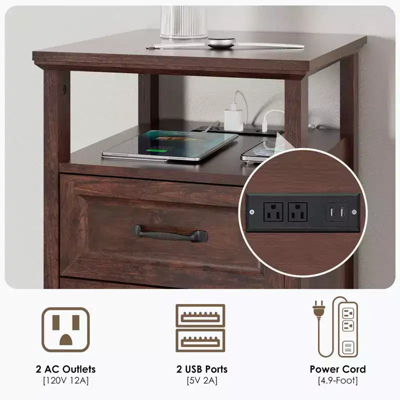 Table de chevet rustique moderne avec station de charge, 2 tiroirs et étagère ouverte