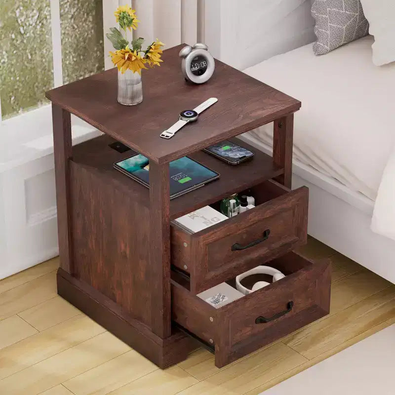 Table de chevet rustique moderne avec station de charge, 2 tiroirs et étagère ouverte