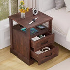 Table de chevet rustique moderne avec station de charge, 2 tiroirs et étagère ouverte