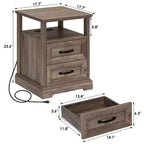 Table de chevet rustique moderne avec station de charge, 2 tiroirs et étagère ouverte