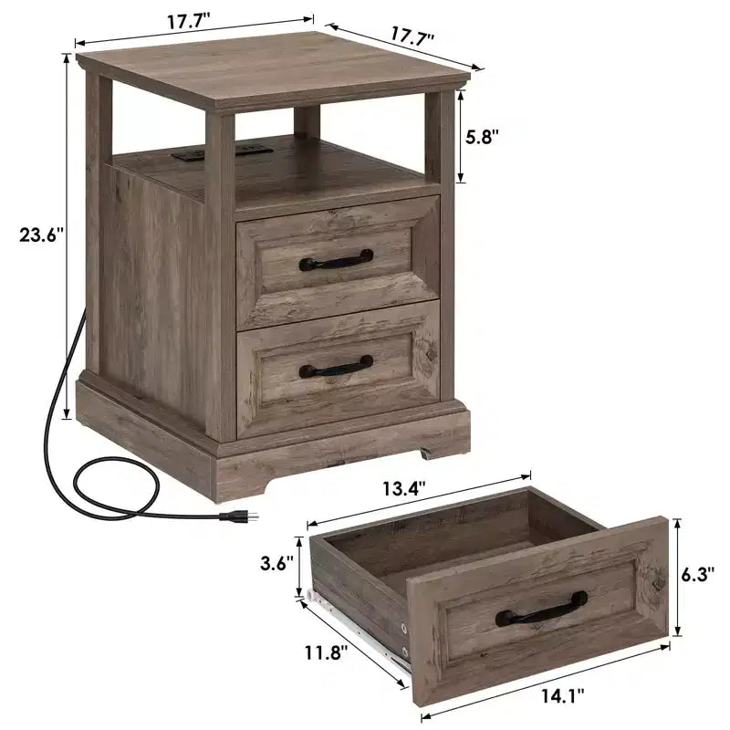 Table de chevet rustique moderne avec station de charge, 2 tiroirs et étagère ouverte