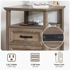 Table de chevet rustique moderne avec station de charge, 2 tiroirs et étagère ouverte